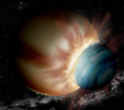 Столкновение двух молодых планет в системе 2M1207, породившее планету 2M1207b (иллюстрация David A. Aguilar/Harvard-Smithsonian CfA).