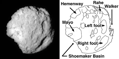 Пятикилометровая в поперечнике комета Wild 2 на снимке с зонда Stardust и топография этого небесного тела (фото NASA).