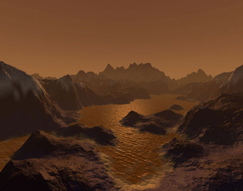 Углеводородное озеро на Титане, лежащее меж холмов, состоящих из камня и льда (иллюстрация Steven Hobbs).