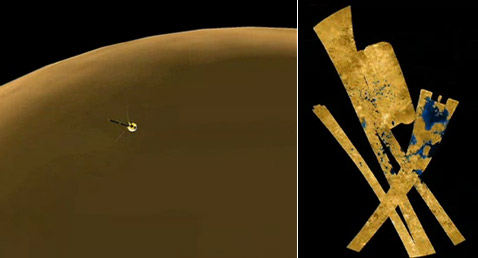 Карта полос, отснятых радаром Cassini за несколько пролётов метановой луны. Самое большое синее пятно справа — одно из морей Титана, которое на 22% крупнее, чем озеро Верхнее на Земле. Глубина же данного водоёма оценивается в десятки метров (иллюстрации NASA/JPL).