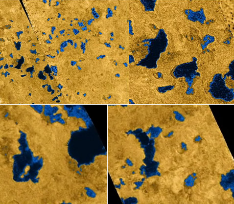 Части радарной карты северного полярного района планеты. На разных фрагментах — разный масштаб. Видны и озёра, соединённые протоками (иллюстрации NASA/JPL).